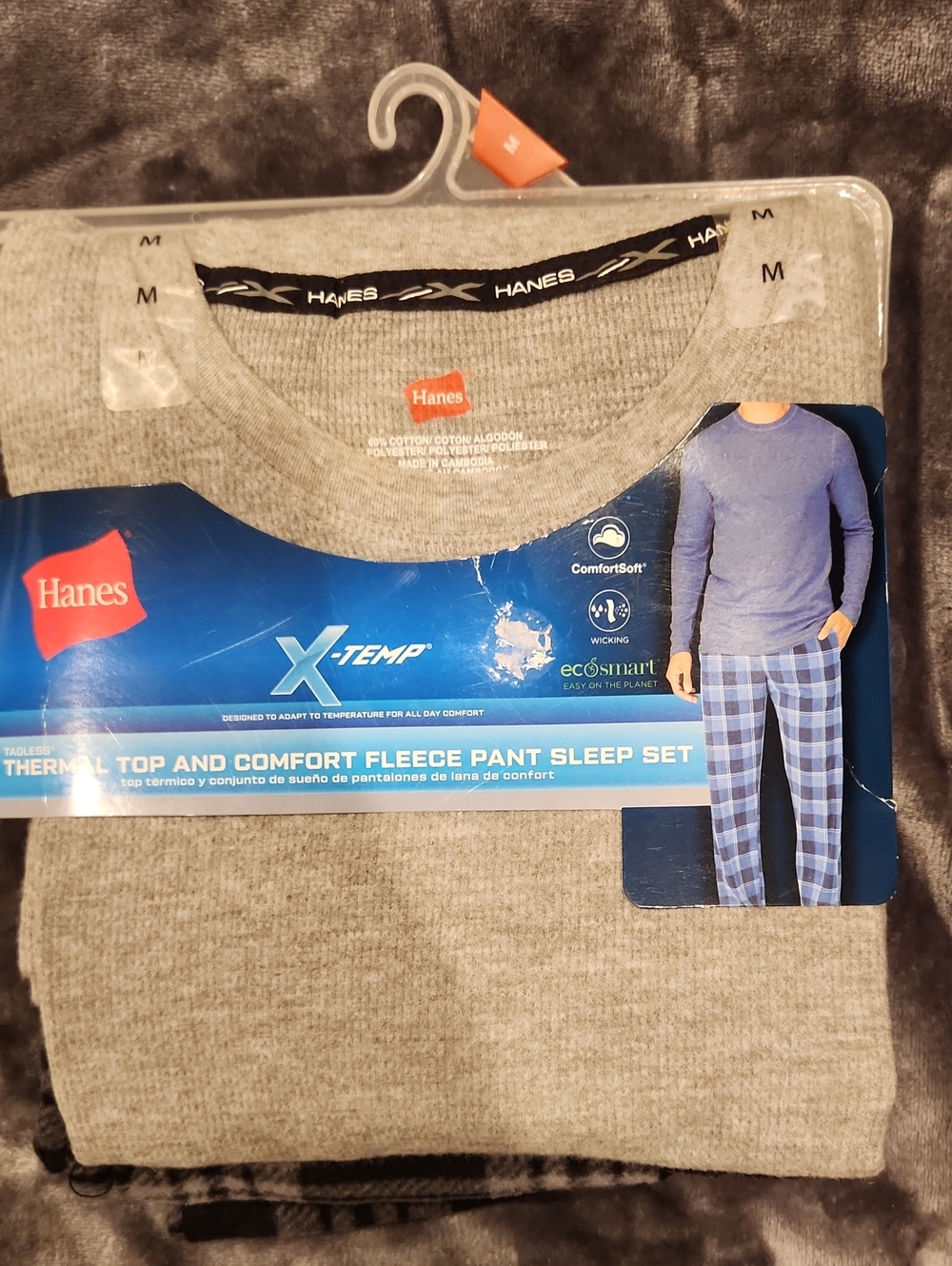 Hanes Mens Gray Thermal Top and Blue Plaid Fleece Pant Sleep Set